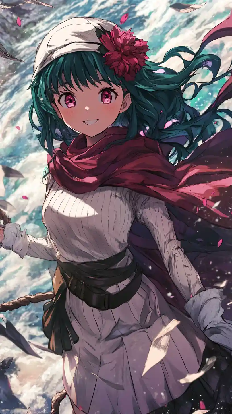Cheerful anime girl in stylish outfit at the beach