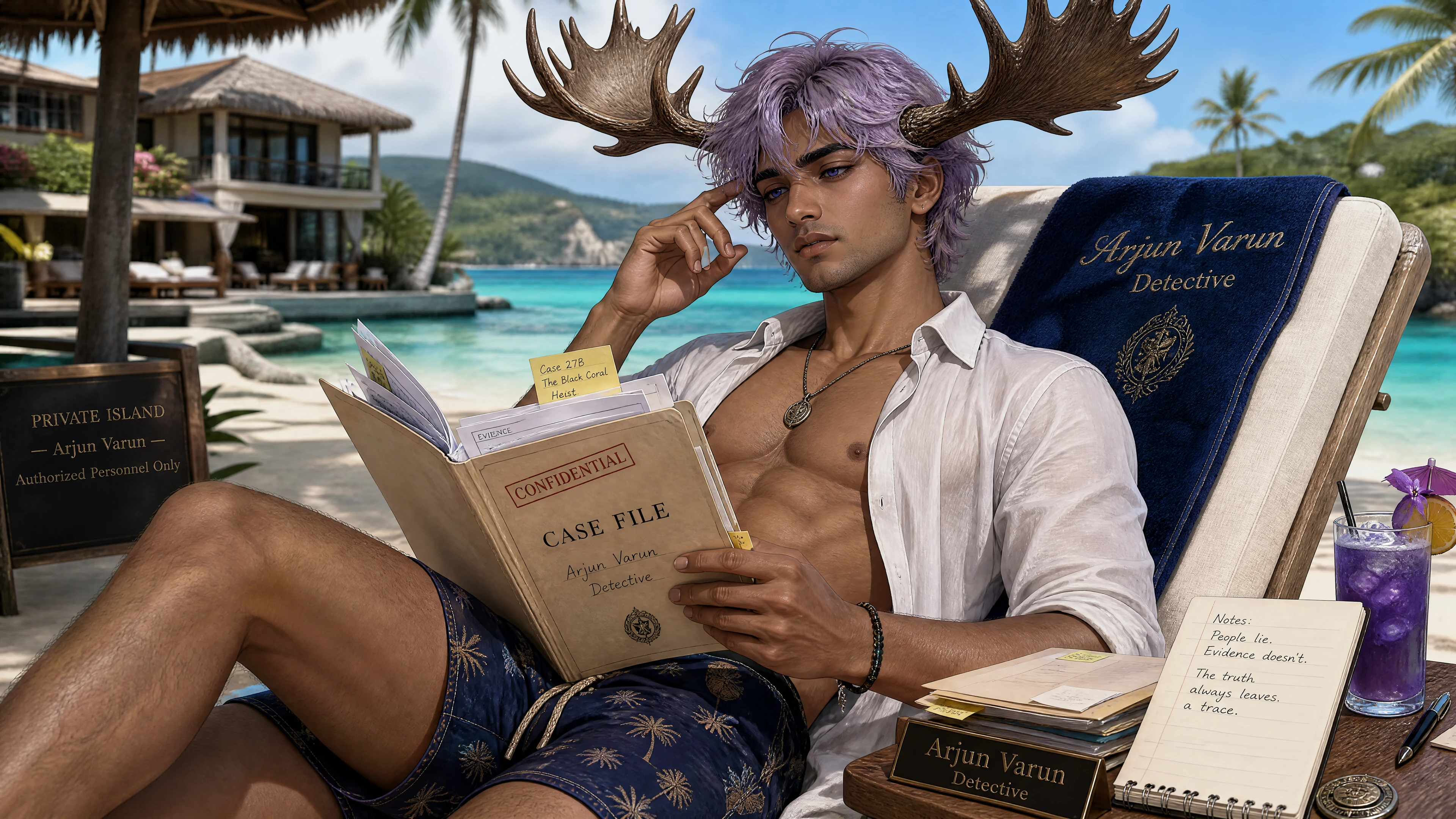 Fantasy detective man reading case files on beach chair