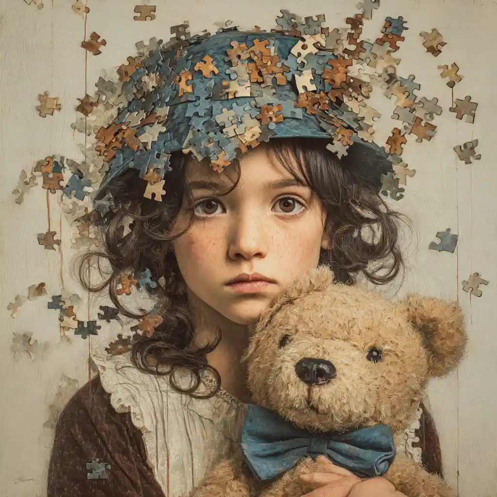 Giovane ragazza con orsacchiotto e cappelli di pezzi di puzzle che si dissolvono