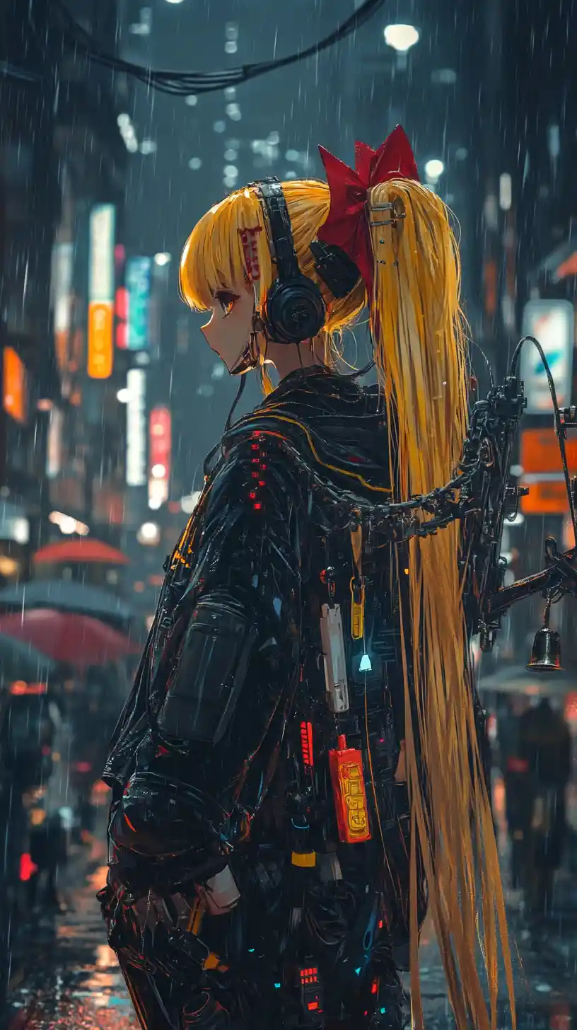 Anime girl in tactical outfit with long golden hair
