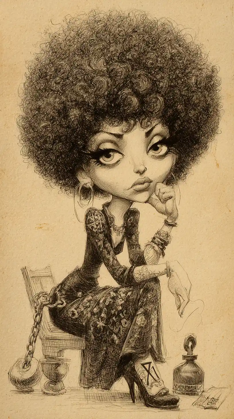 Charcoal caricature of woman with large afro and tattoos
