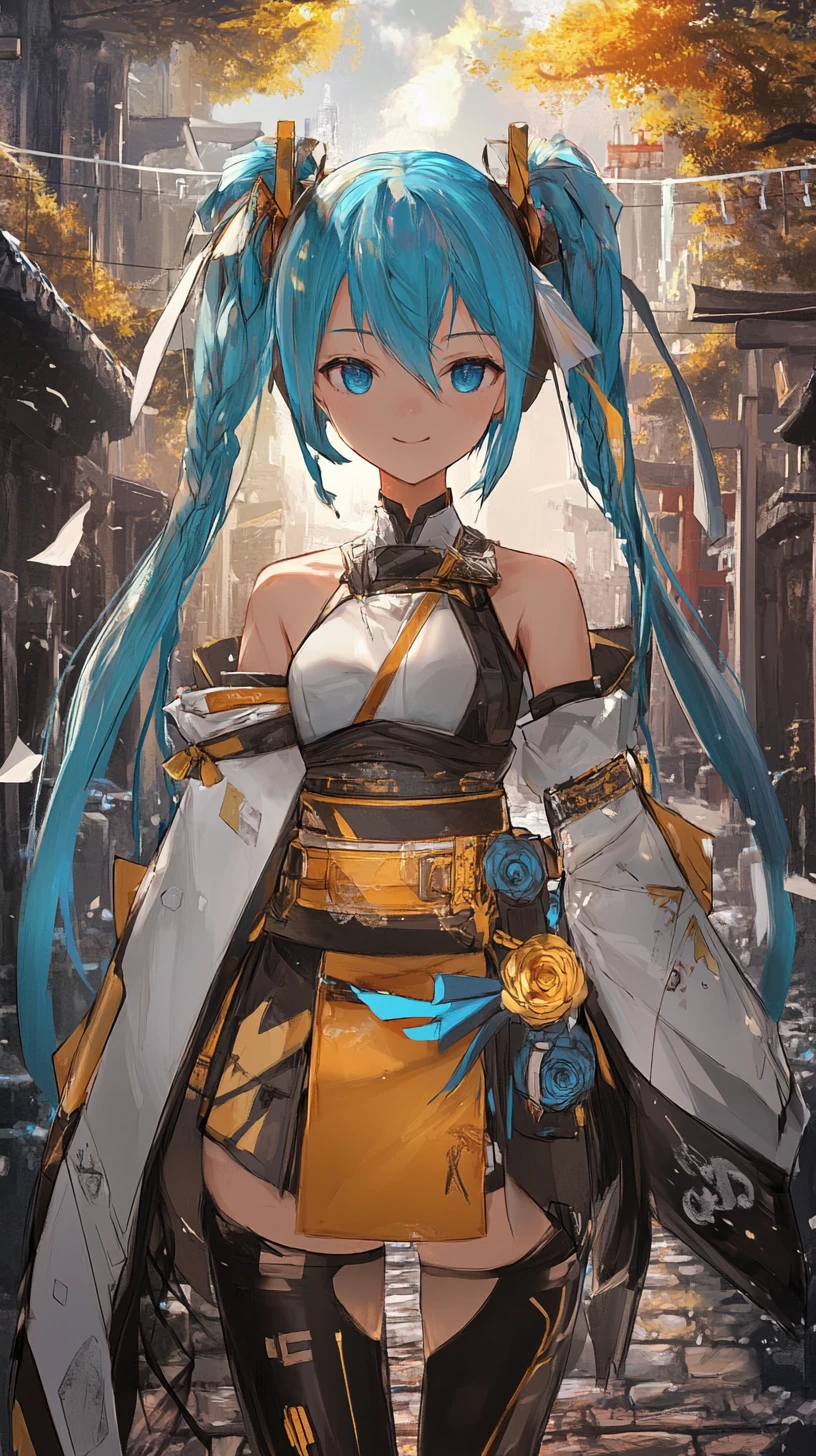 Anime girl with golden braid and armor at a busy port