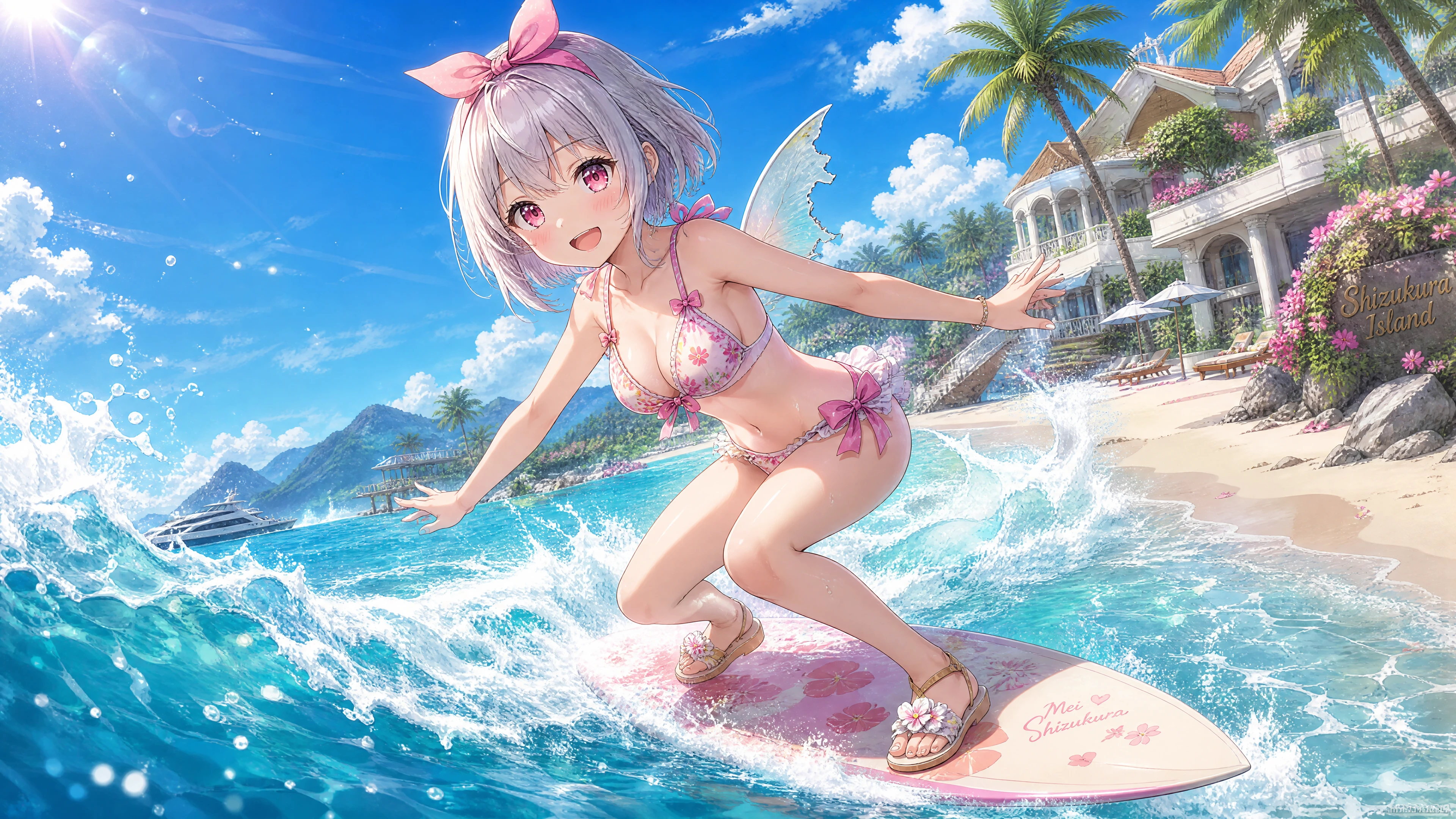 Joyful anime girl playing in waves on a sunny beach