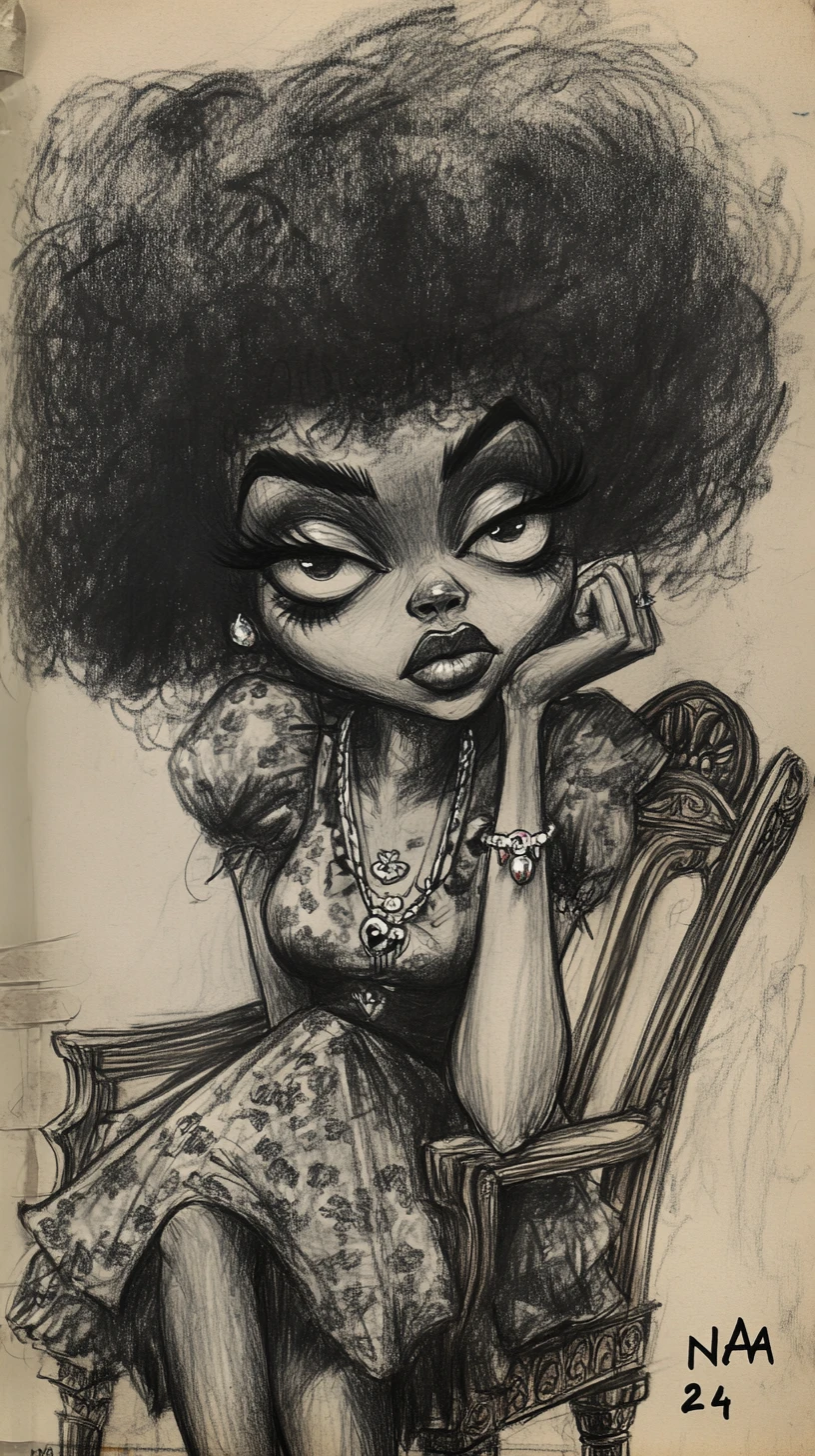 Charcoal caricature of a woman with oversized afro hair