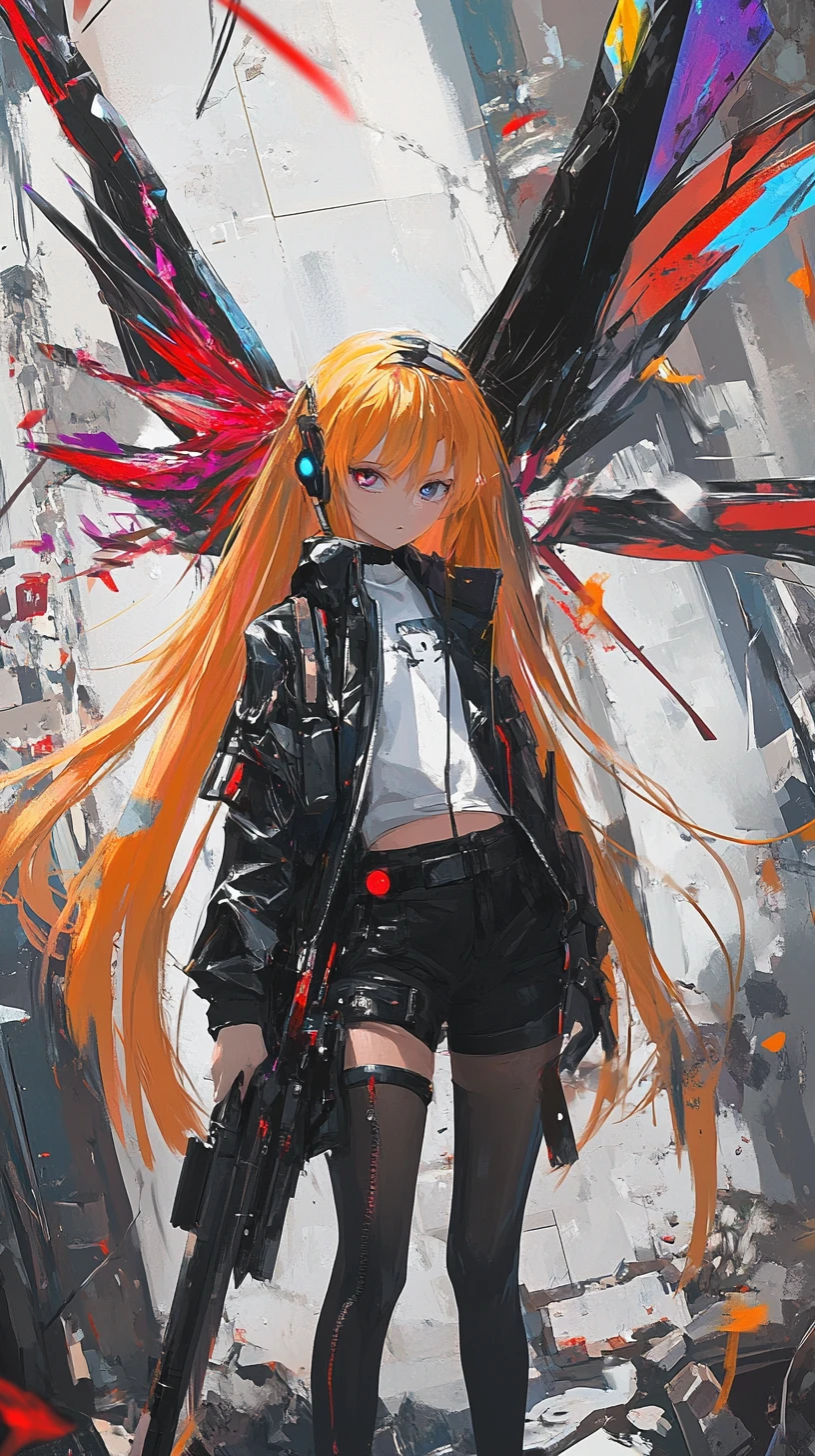 Anime girl warrior with crystal sword in ruined wall