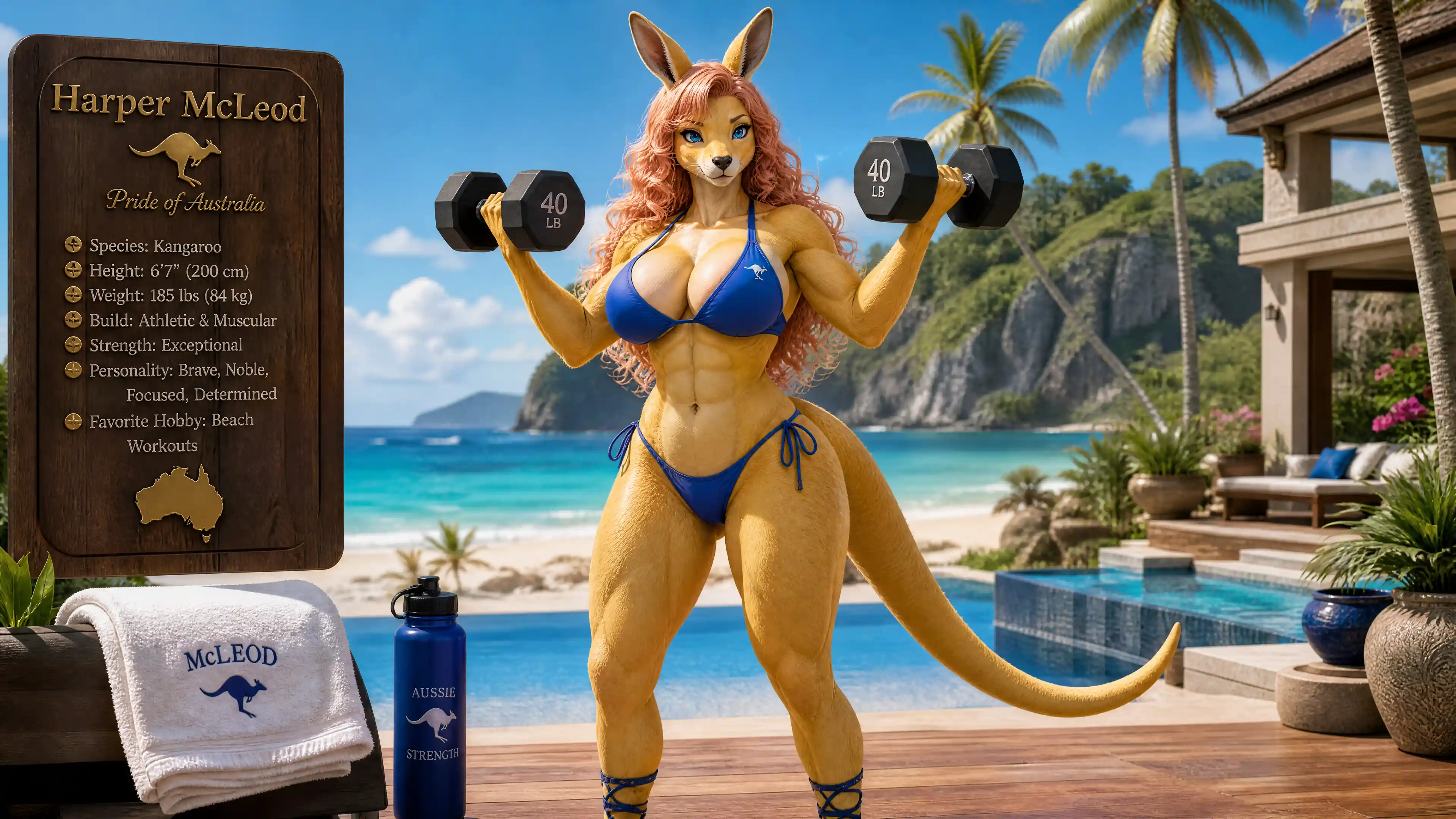 Athletic kangaroo woman lifting dumbbells on tropical beach