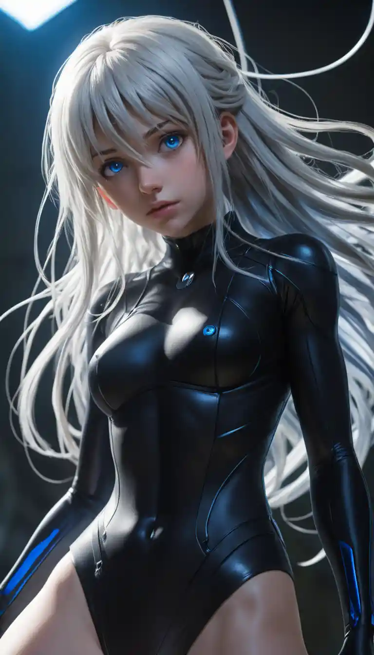 Anime-Heldin mit platinblonden Haaren, gefesselt im zerrissenen Bodysuit