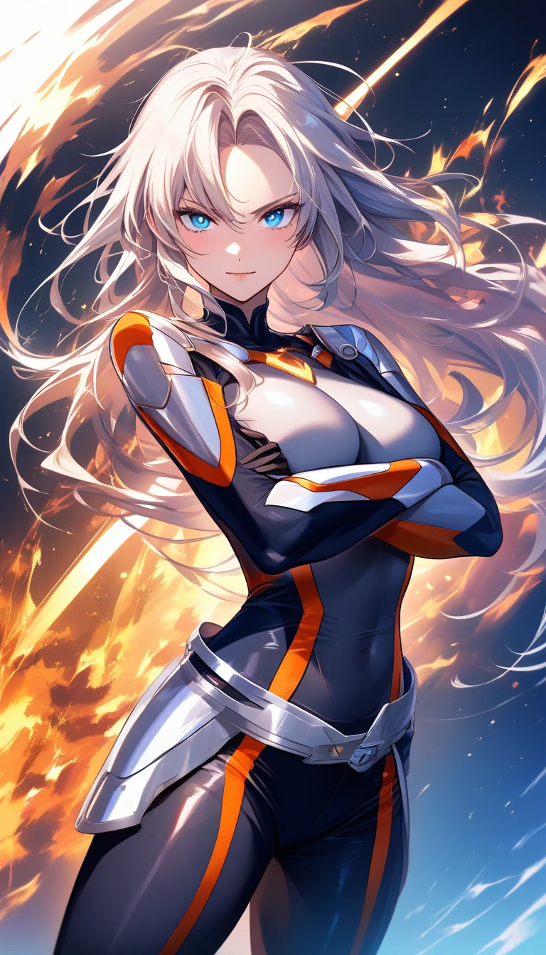Anime warrior heroine with blue eyes in armored bodysuit