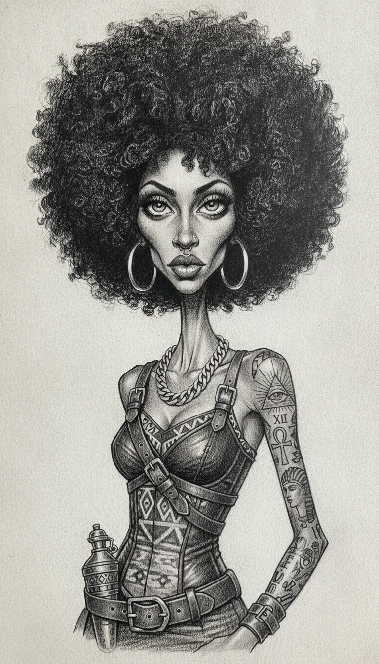 Charcoal portrait of a warrior woman with massive afro hair