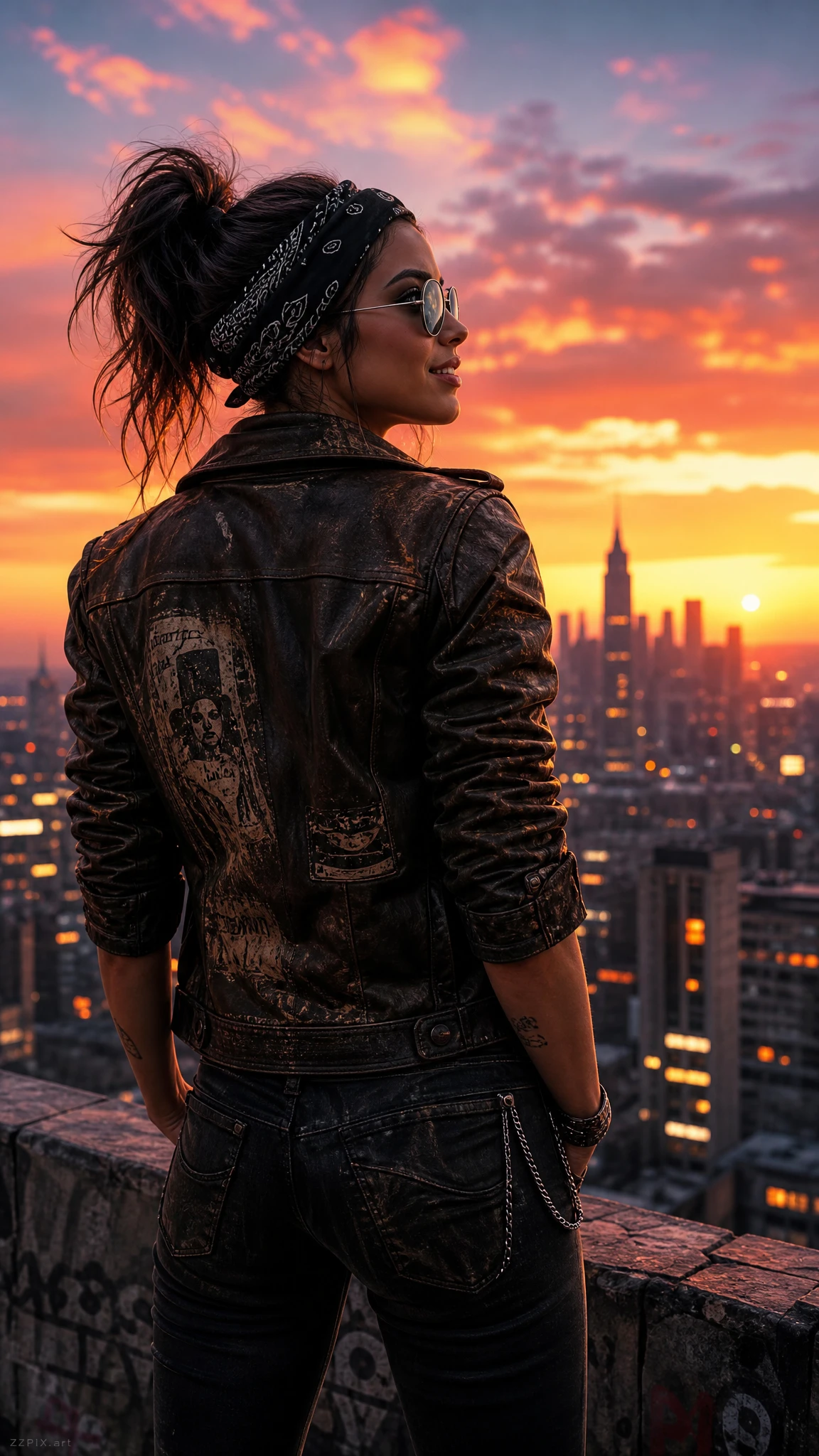 Confident woman overlooking a sunset city skyline