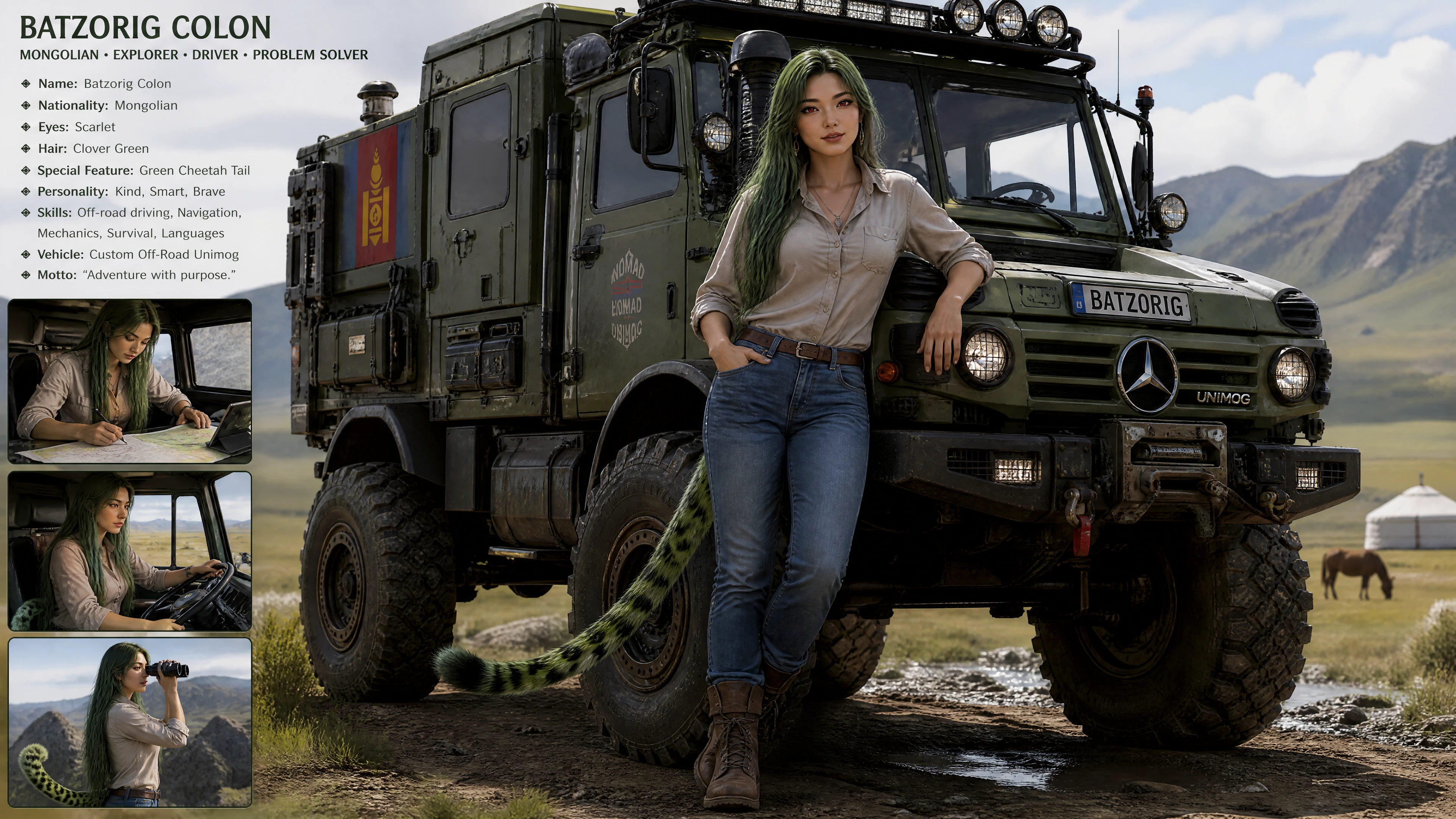 Brave Mongolian woman driving a custom offroad truck