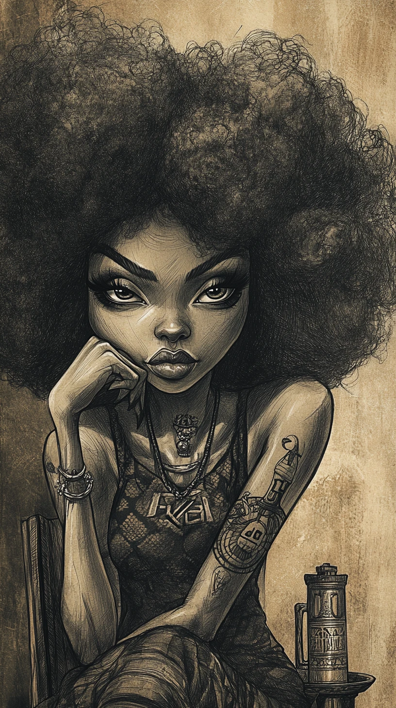 Charcoal caricature of a woman with huge curly afro hair