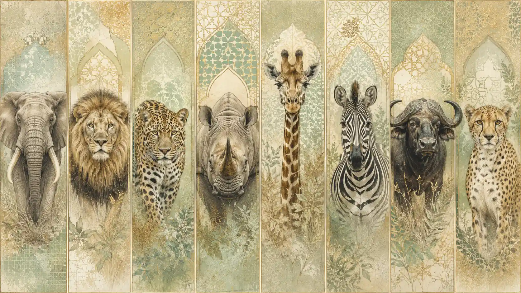 Eight african animals in a stylized mosaic illustration