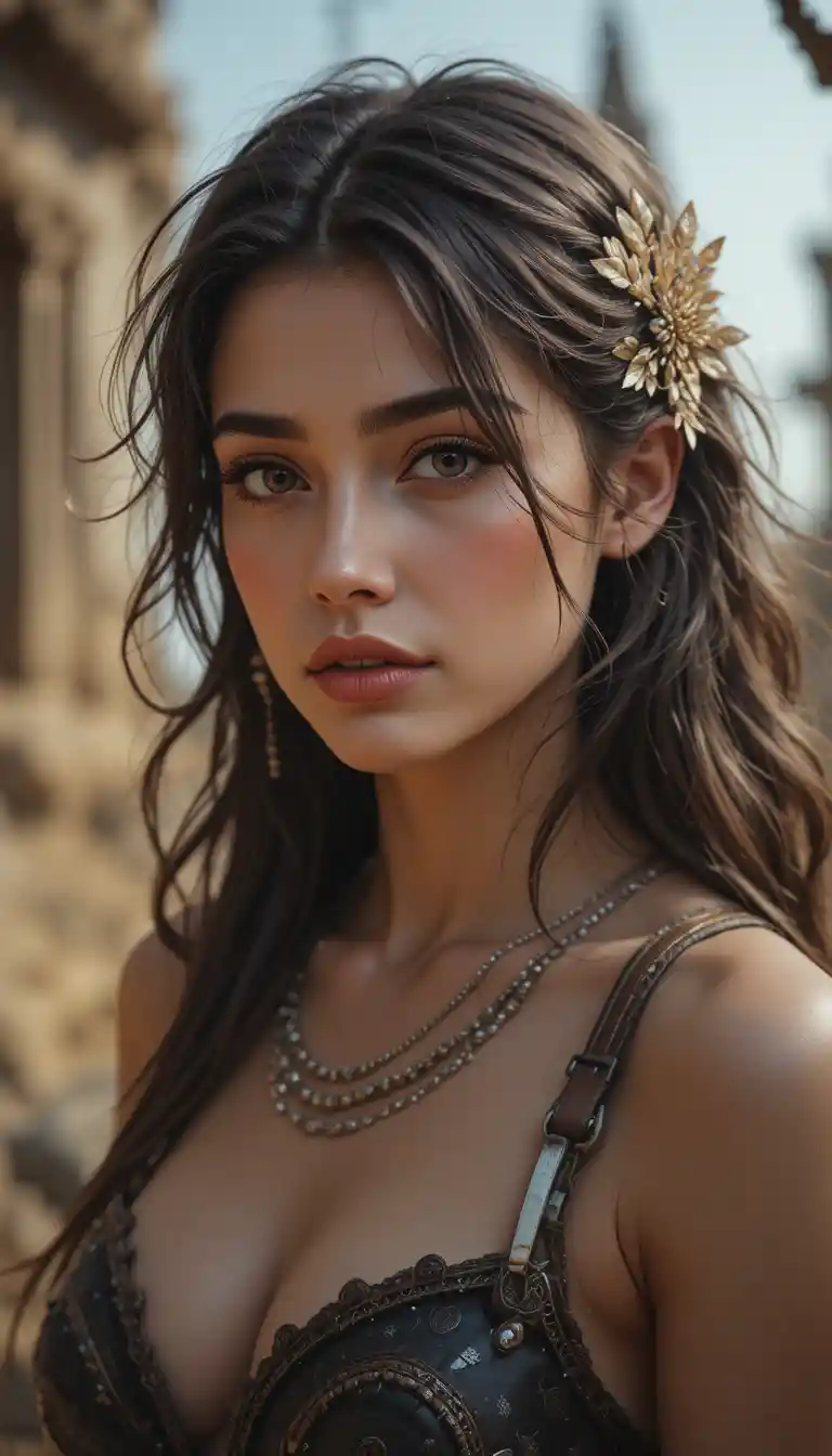 Photorealistic fantasy girl with dark brown hair and warm eyes