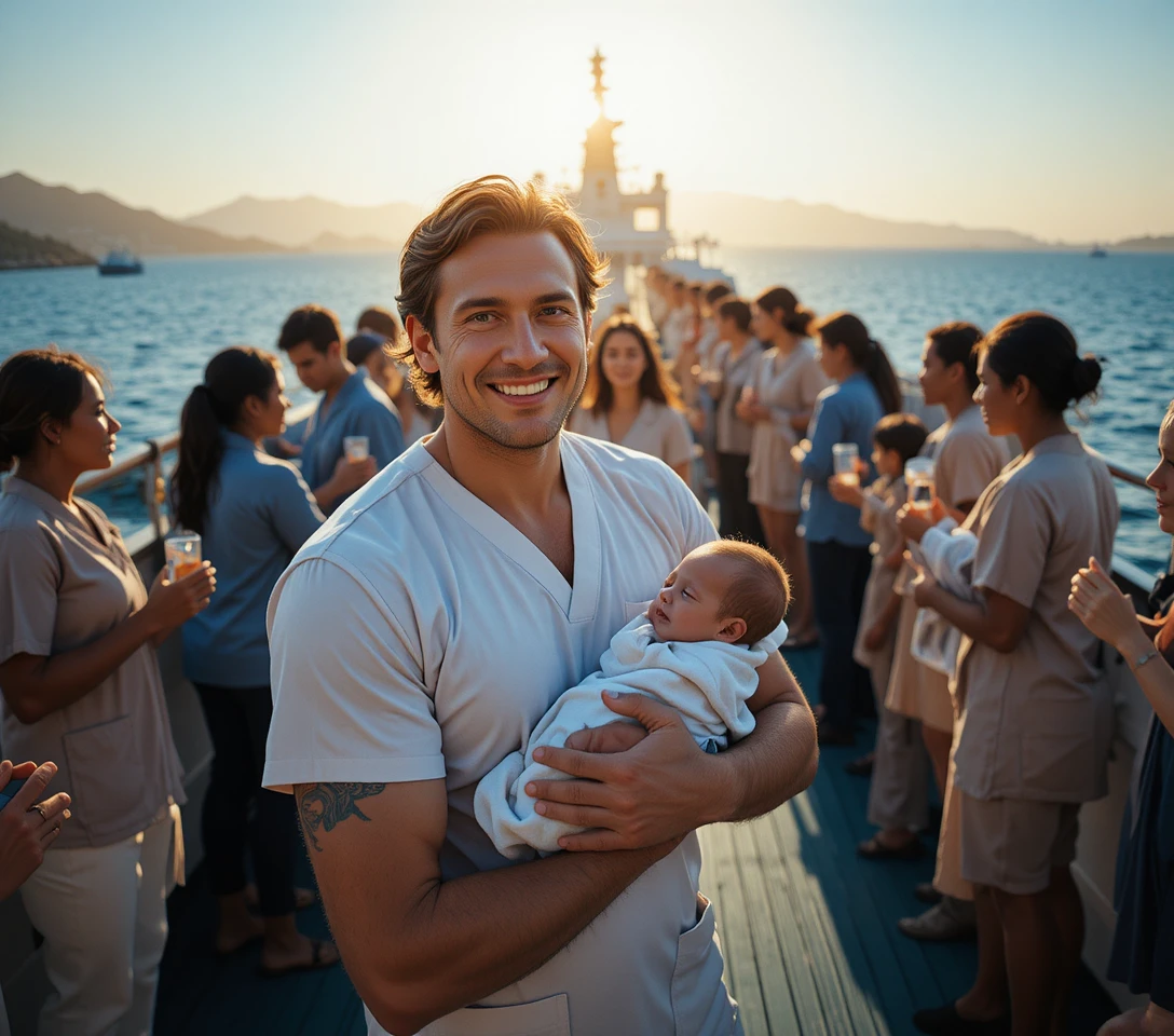 Relieved doctor at dawn on a ship deck