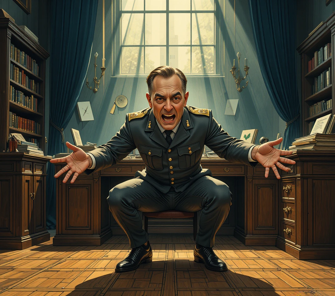 Art nouveau officer in distress in a dim military office