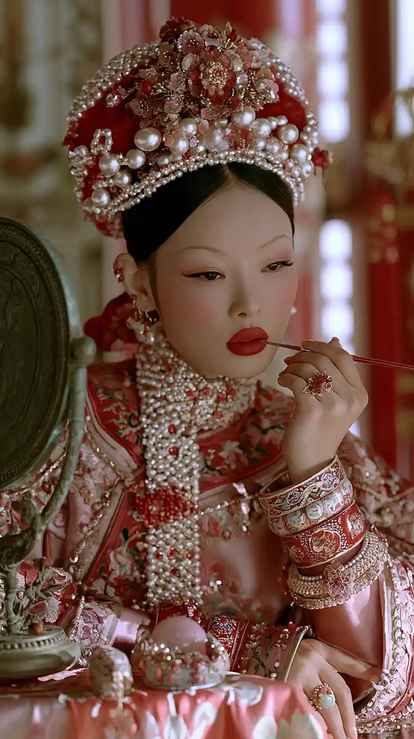Concubina della dinastia Qing che si trucca davanti a uno specchio di bronzo