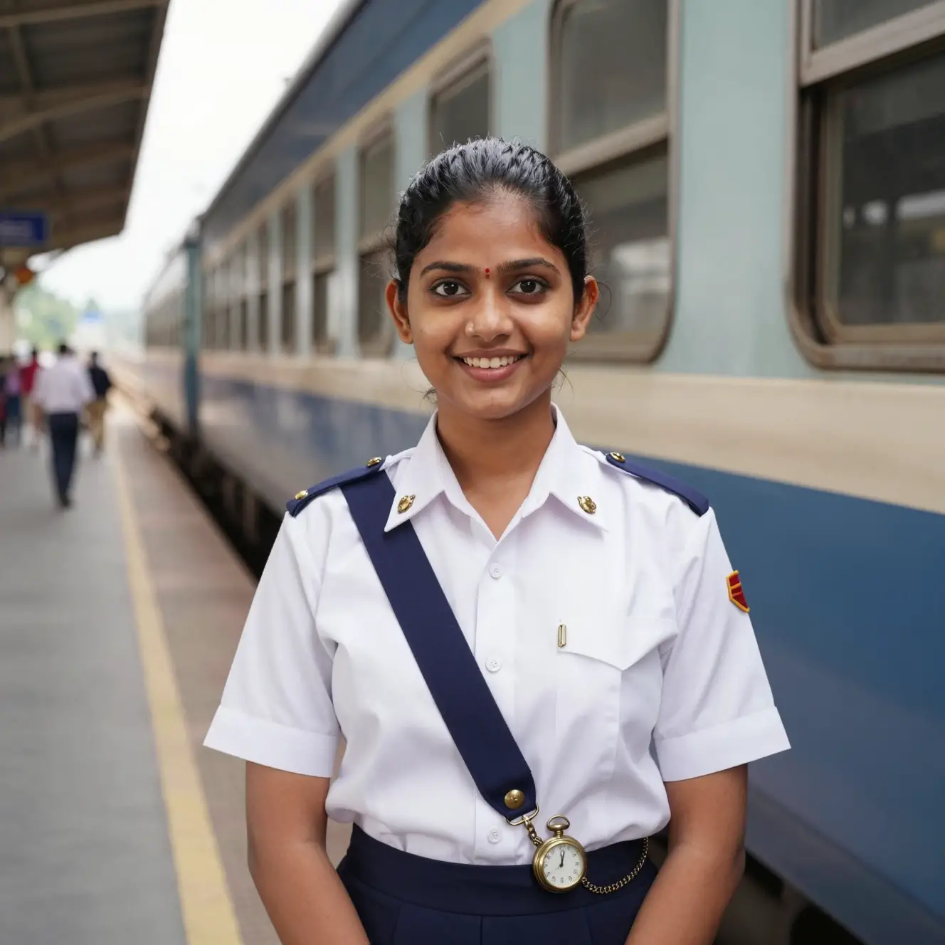 Selbstbewusste Inderin in weißer Eisenbahnuniform am Bahnhof