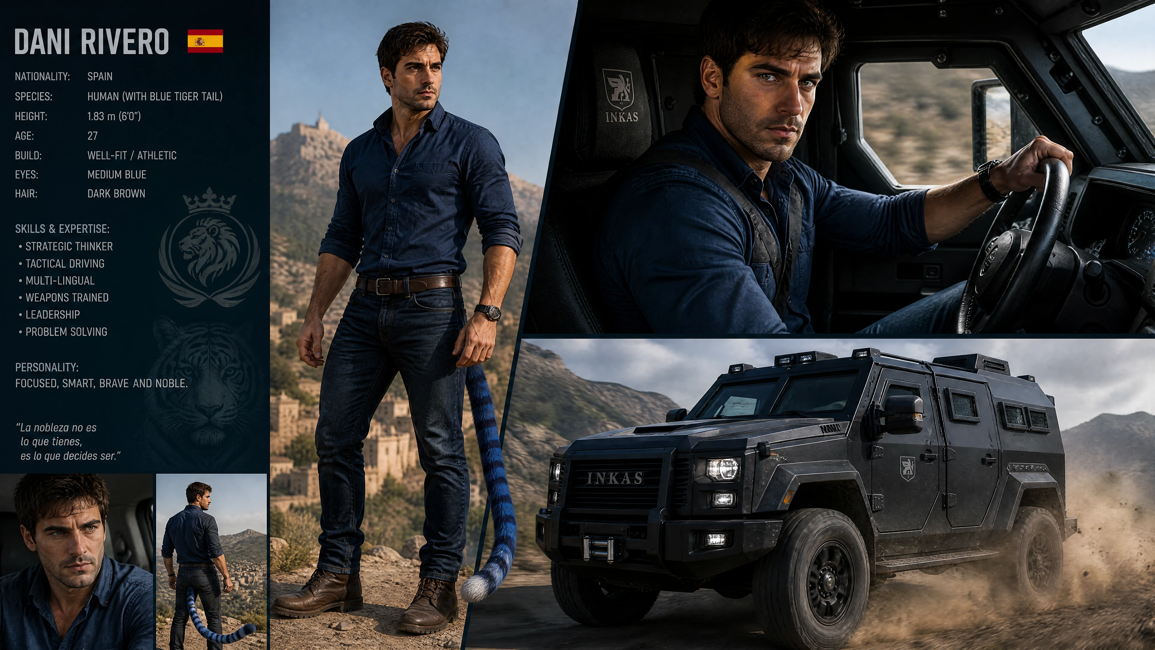 Brave man with blue tiger tail driving armored vehicle