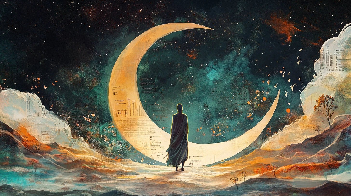 Mystic guardian walking under a colossal crescent moon