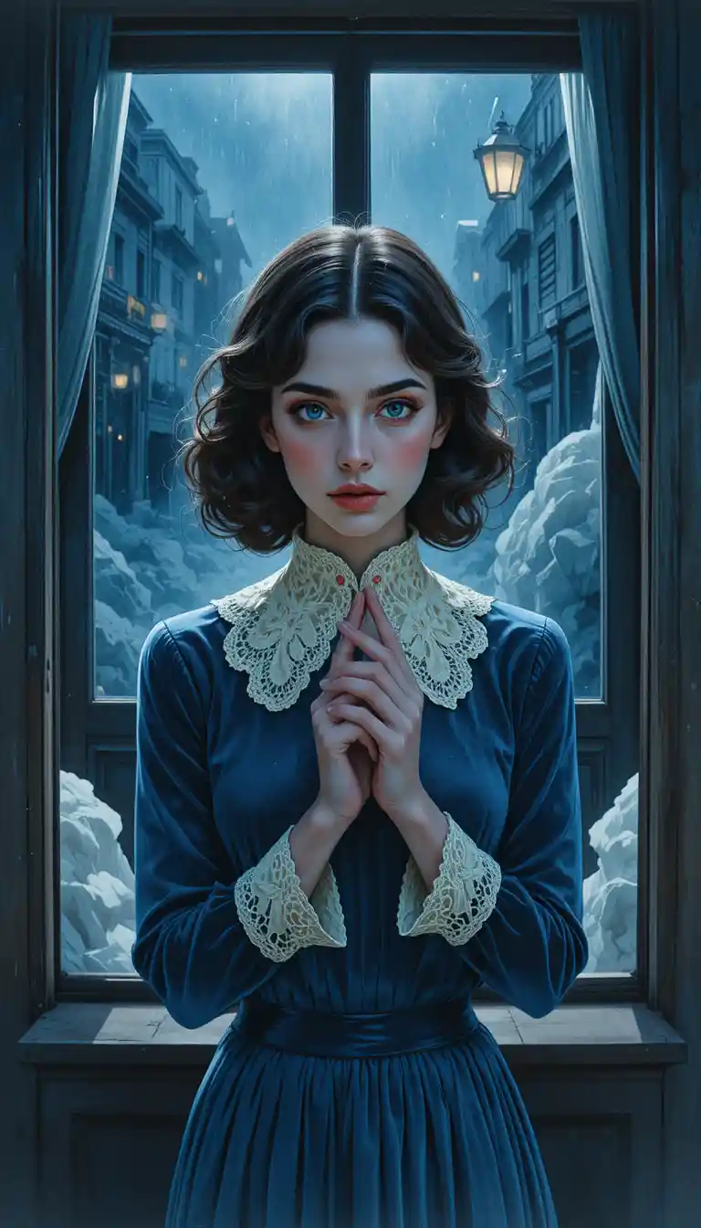 Young woman by a frosted window in a vintage room