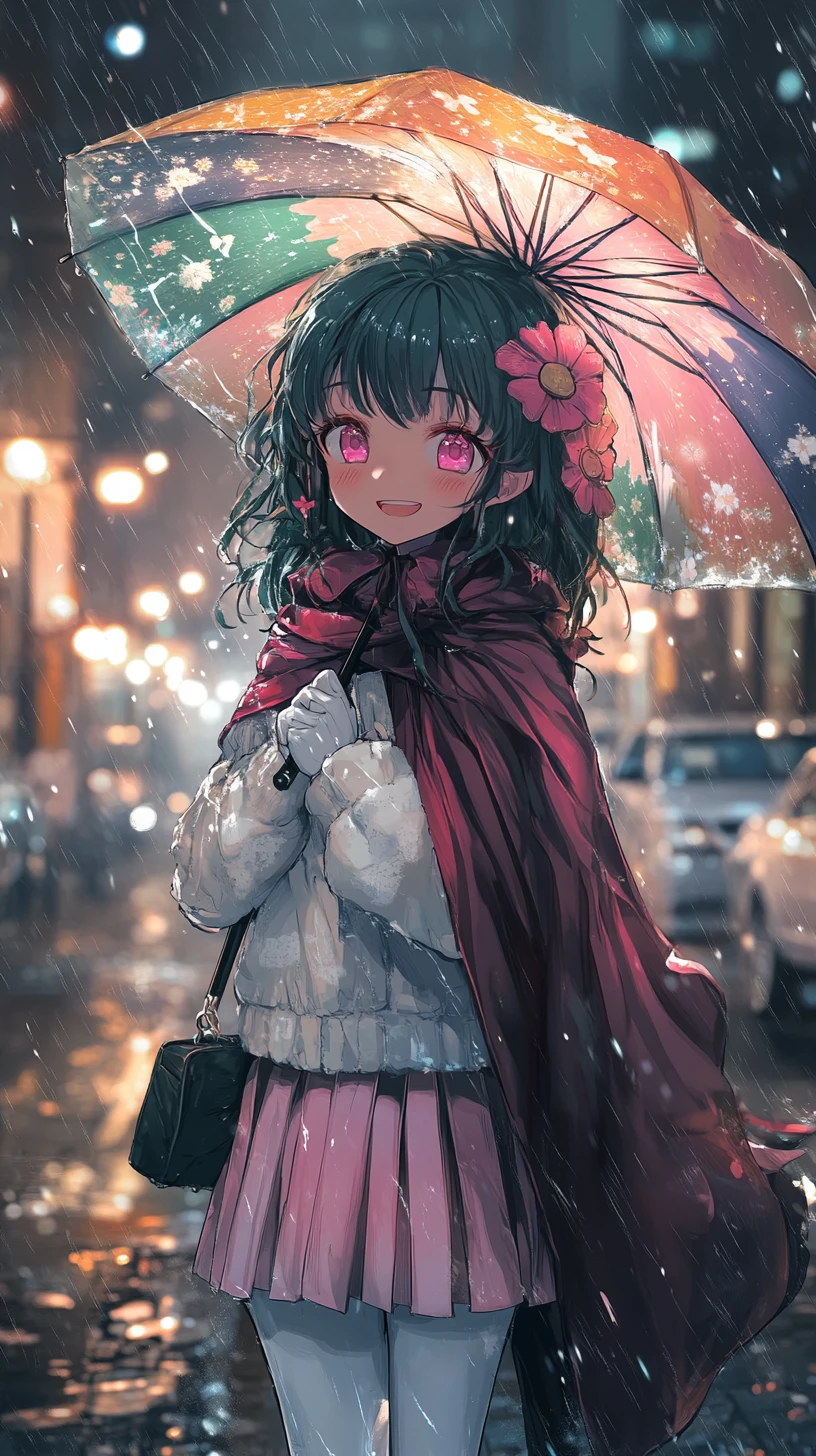 Anime girl in white sweater with red flower cape