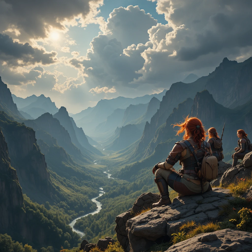 Female adventurers overlooking a vast wild mountain valley