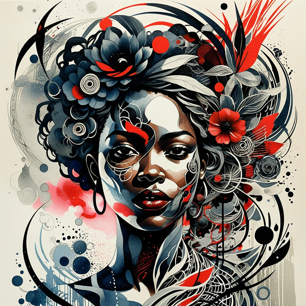 Ink portrait of a black woman dissolving into organic blooms