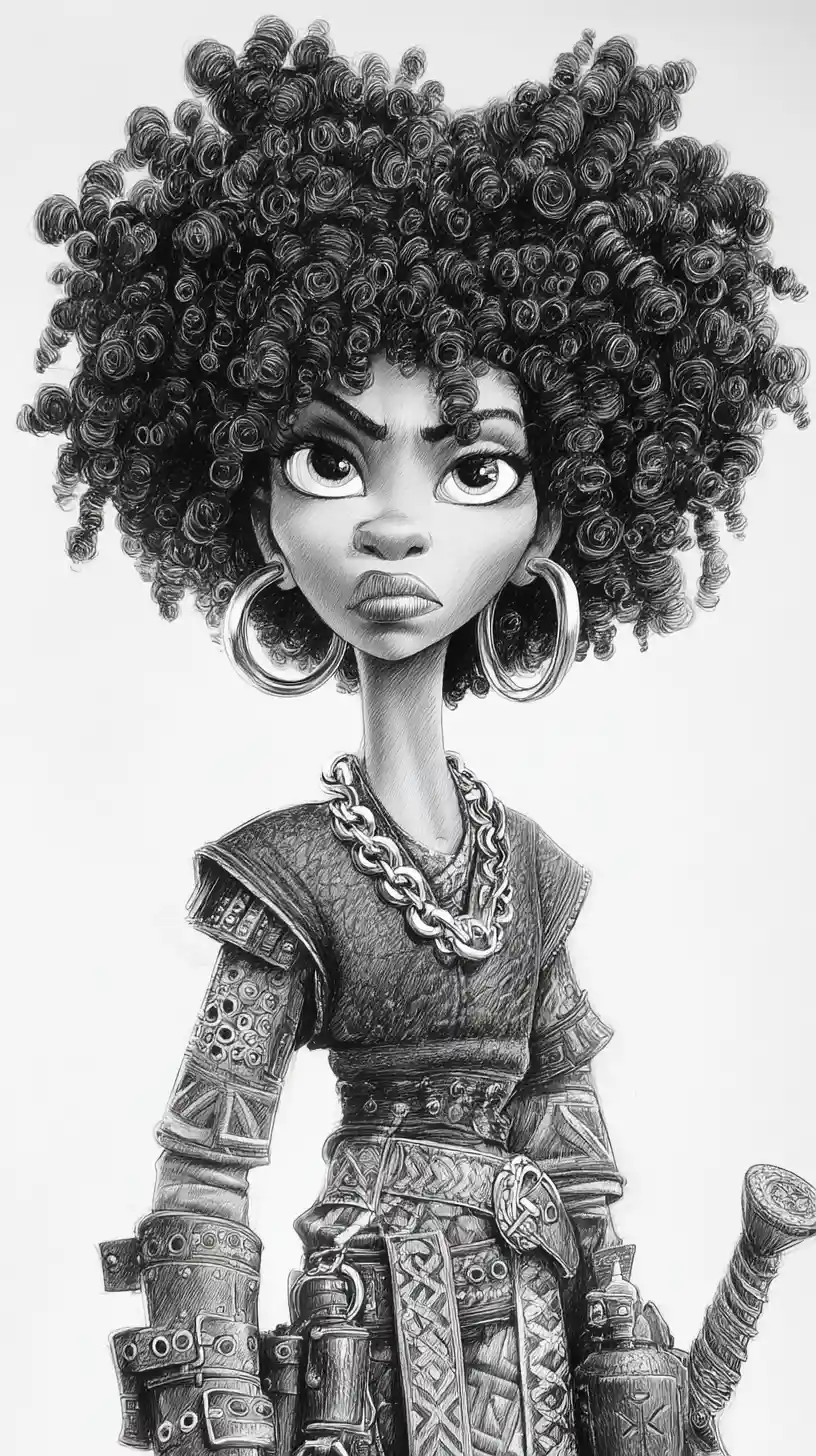 Caricature portrait of a warrior woman with massive afro hair
