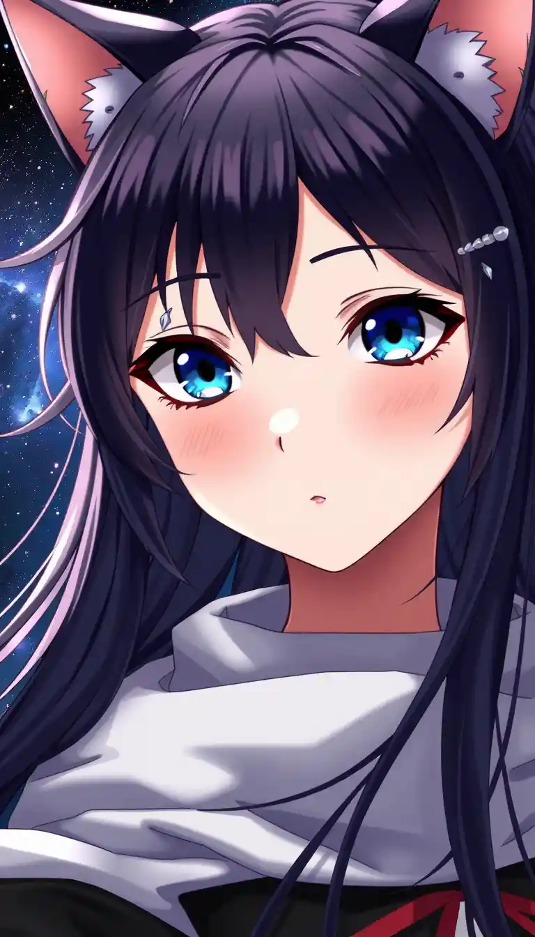 Anime-Mädchen mit Katzenohren nah vor leuchtender Galaxie