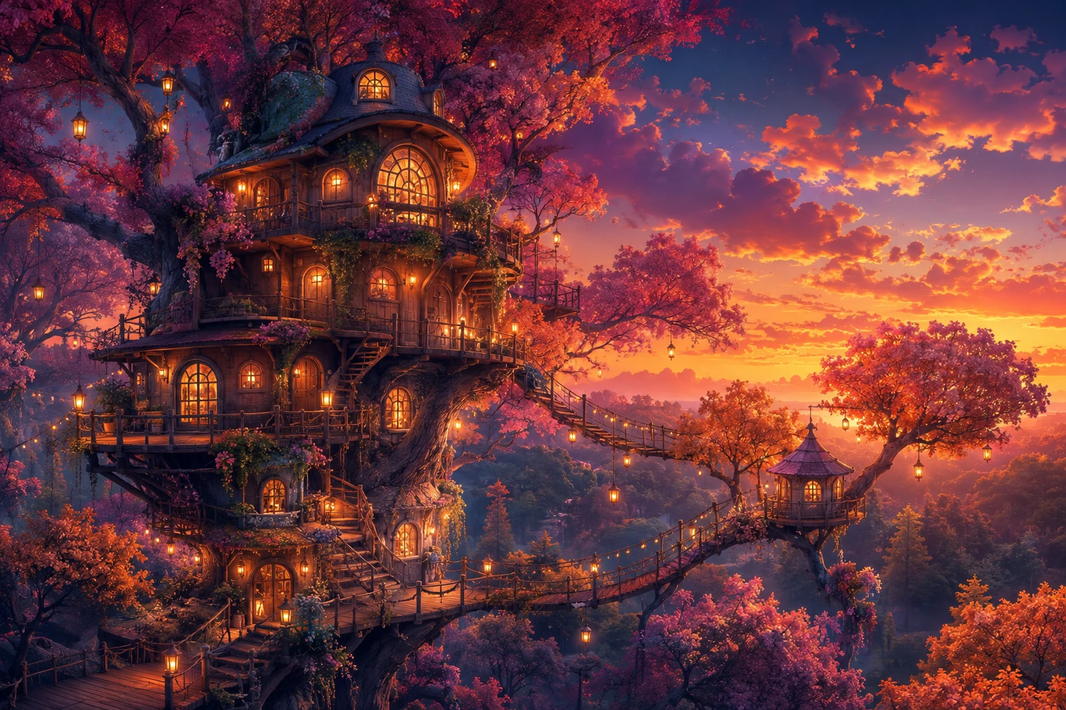 Whimsical fantasy treehouse glowing in an enchanted forest