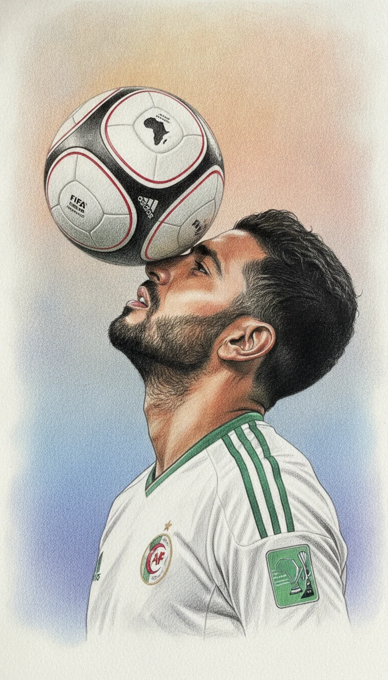 Colored pencil portrait of an Algerian soccer player balancing ball