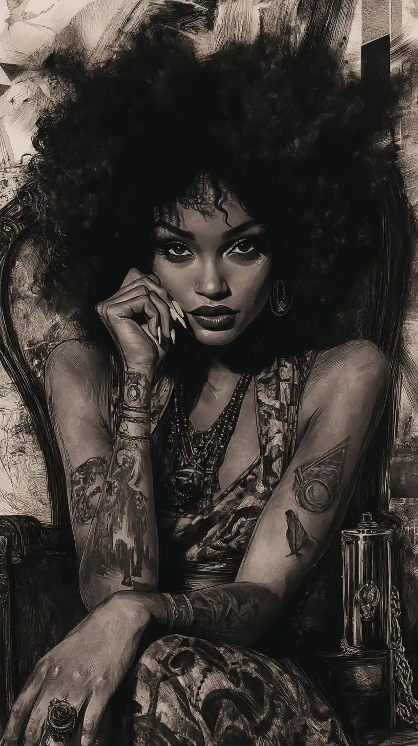 Charcoal caricature of a woman with a huge curly afro