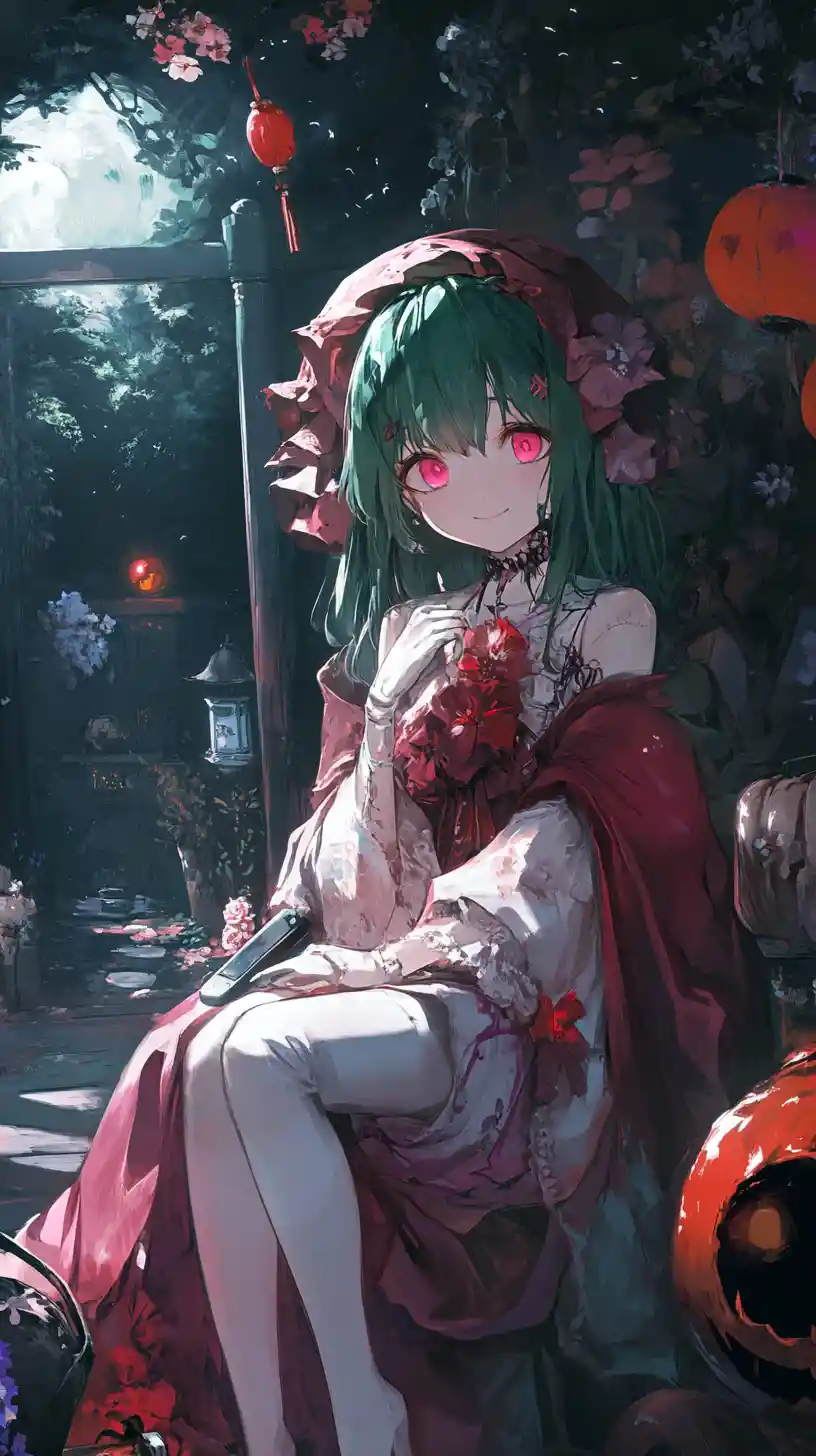Joyful anime girl gaming at a spooky halloween party