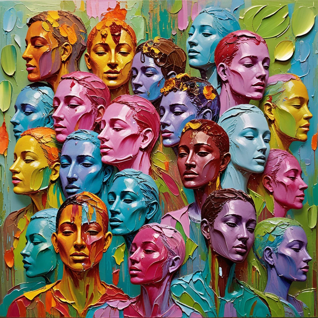 Surreal painting of diverse human heads in abstract color field