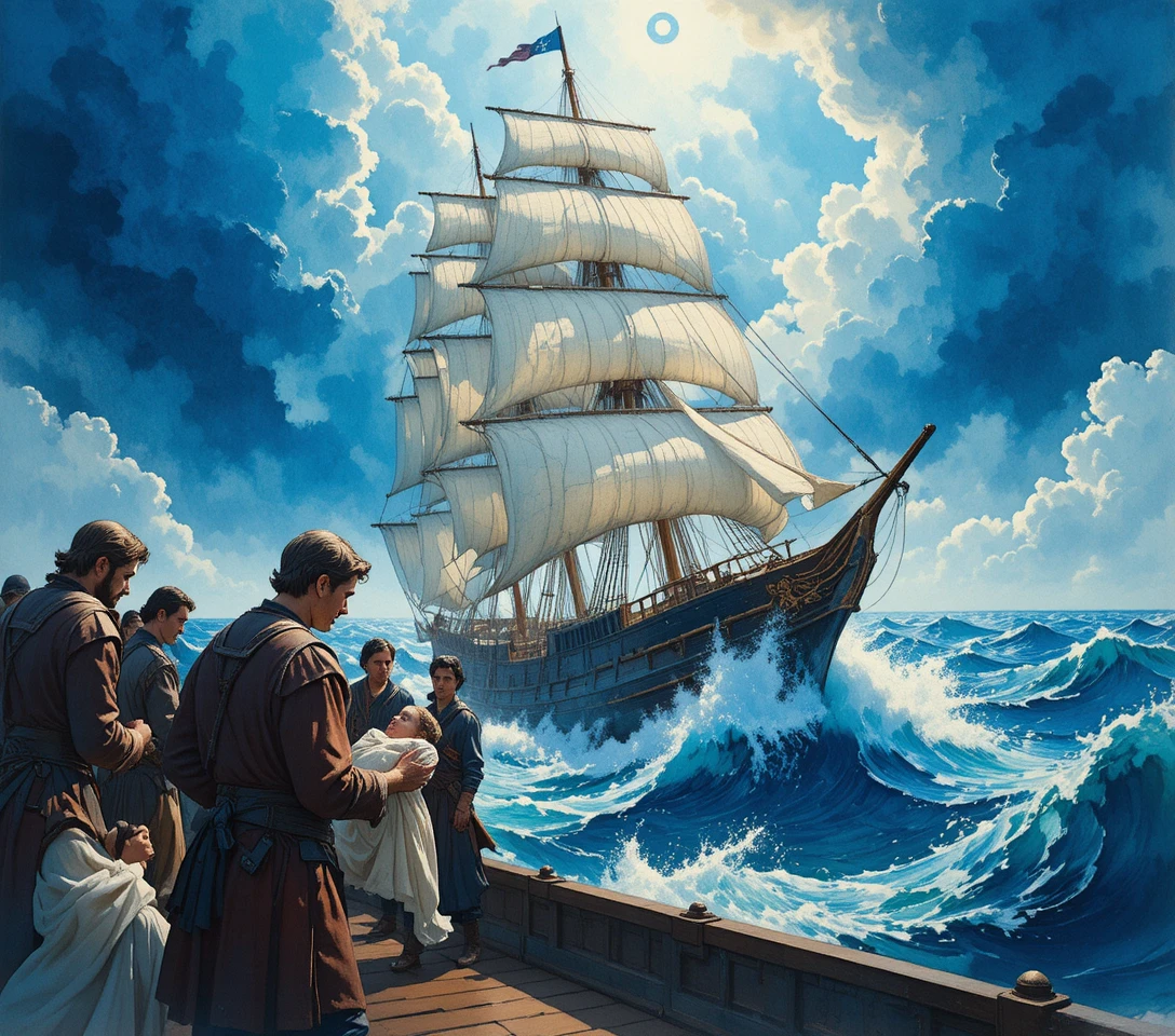 Renaissance flagship cutting through a stormy ocean wave