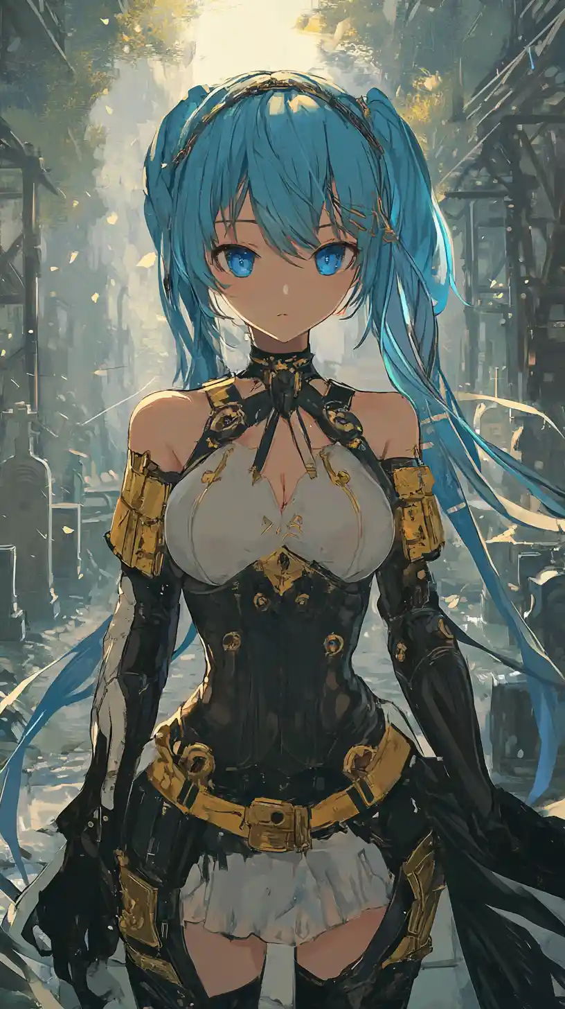 Girl in golden armor with braided hair and white rose