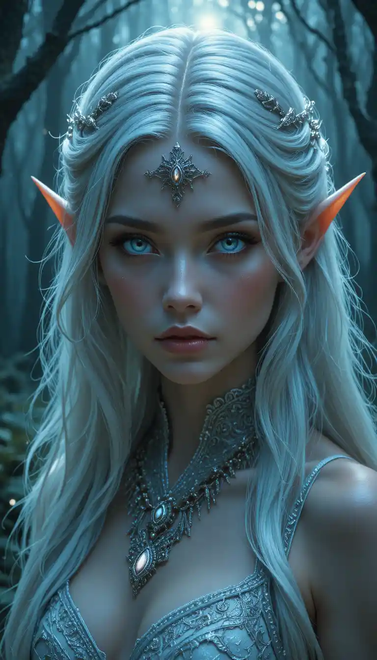 Ethereal elven woman in a moonlit ancient forest