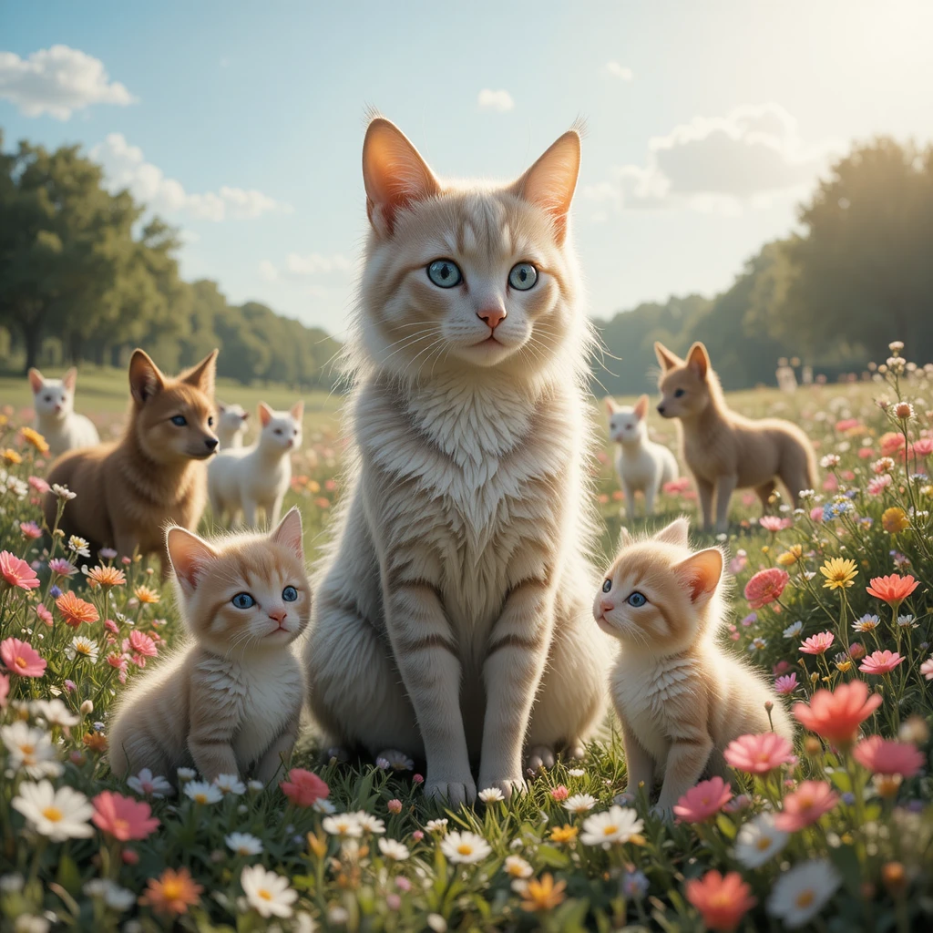 Pig with piglets in a sunny meadow with other animals