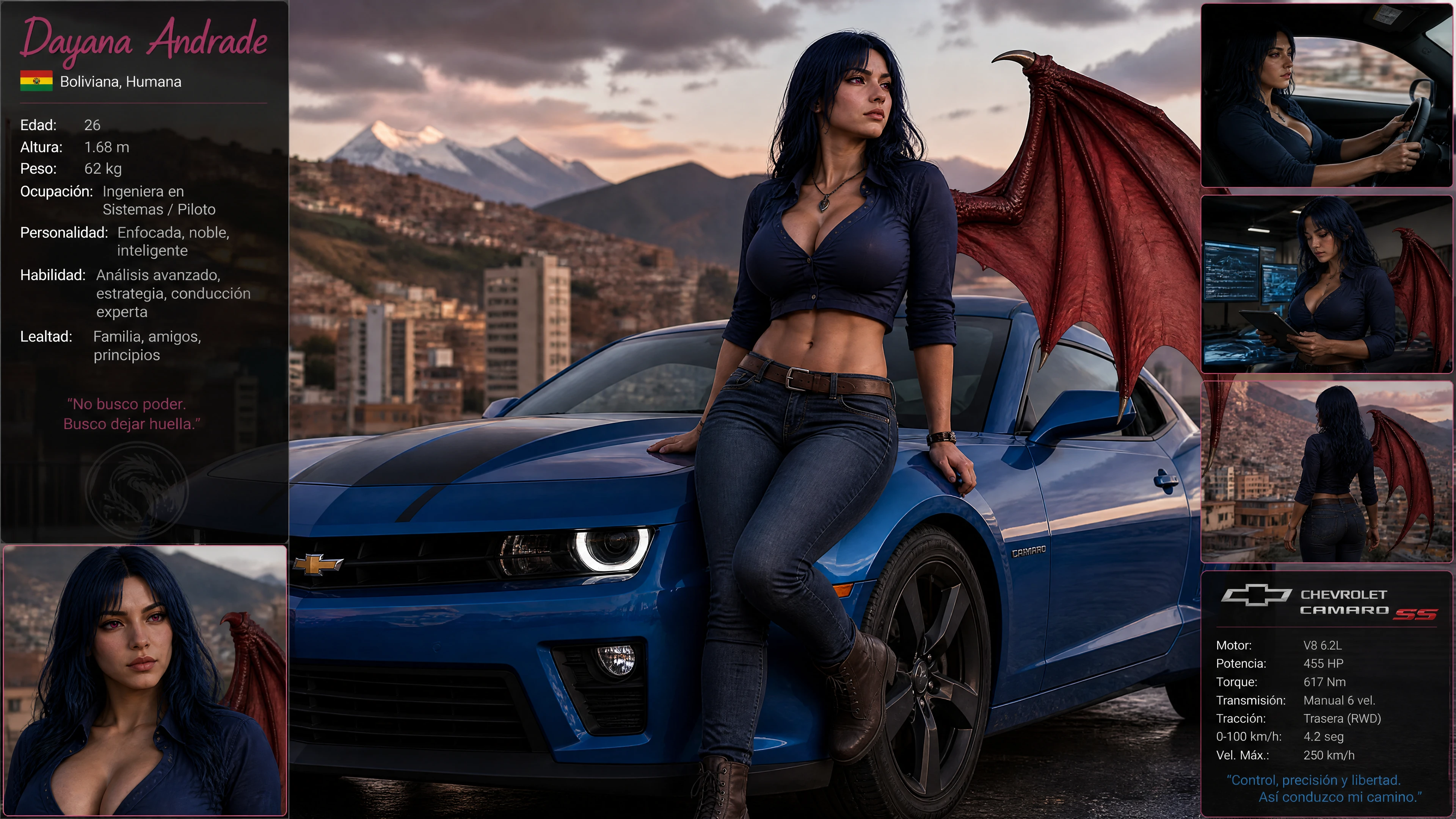 Confident fantasy woman driving a blue sports car