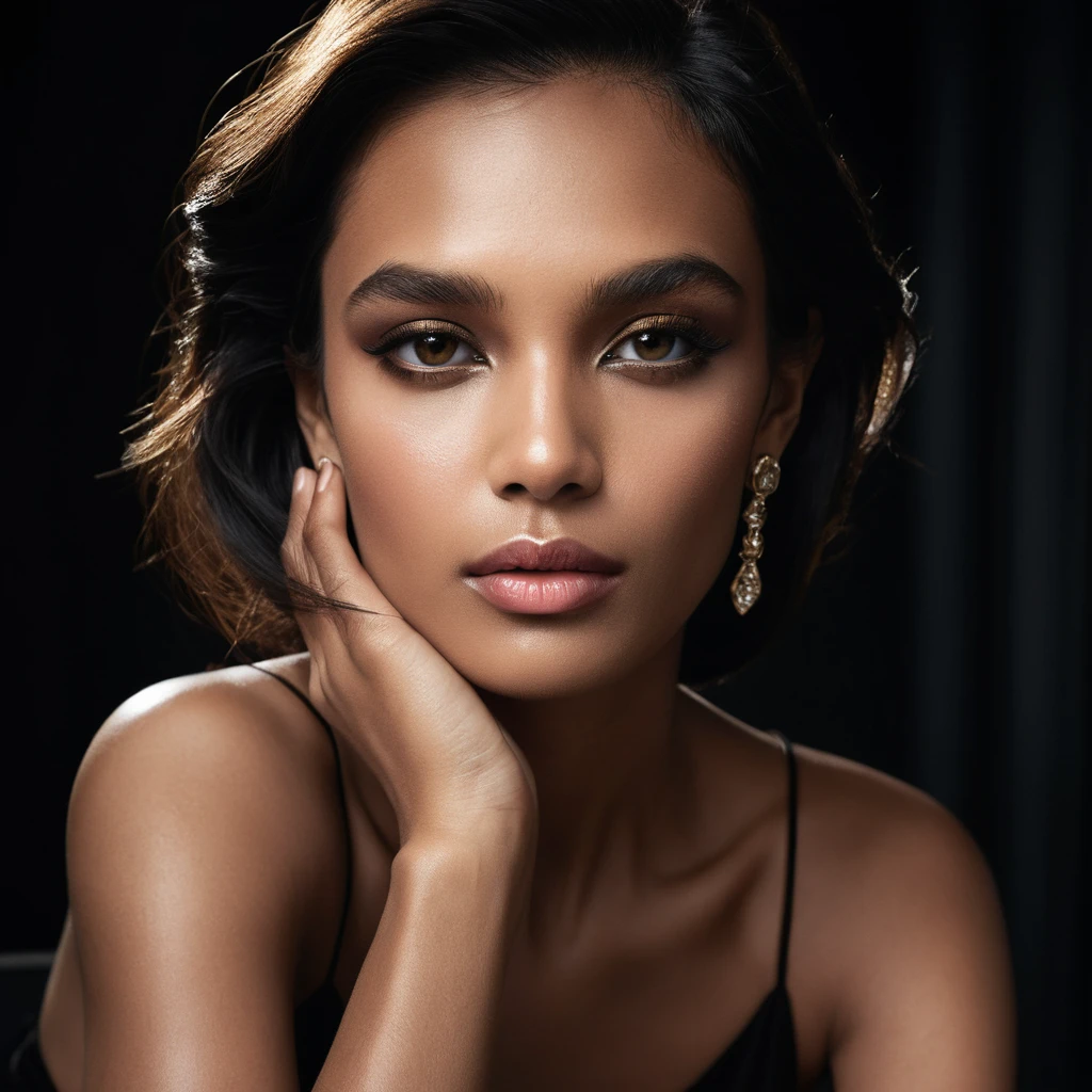 Glamorous woman in dramatic golden strip light portrait
