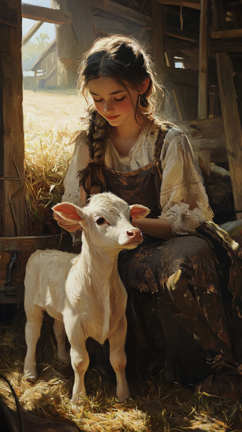 Girl Gently Petting A Calf In A Rustic Barn Interior