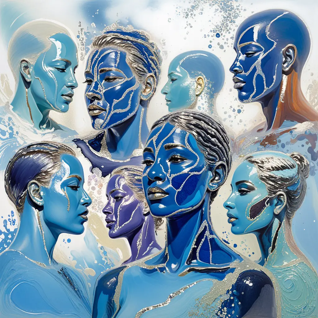 Colorful abstract painting of diverse human heads and silhouettes