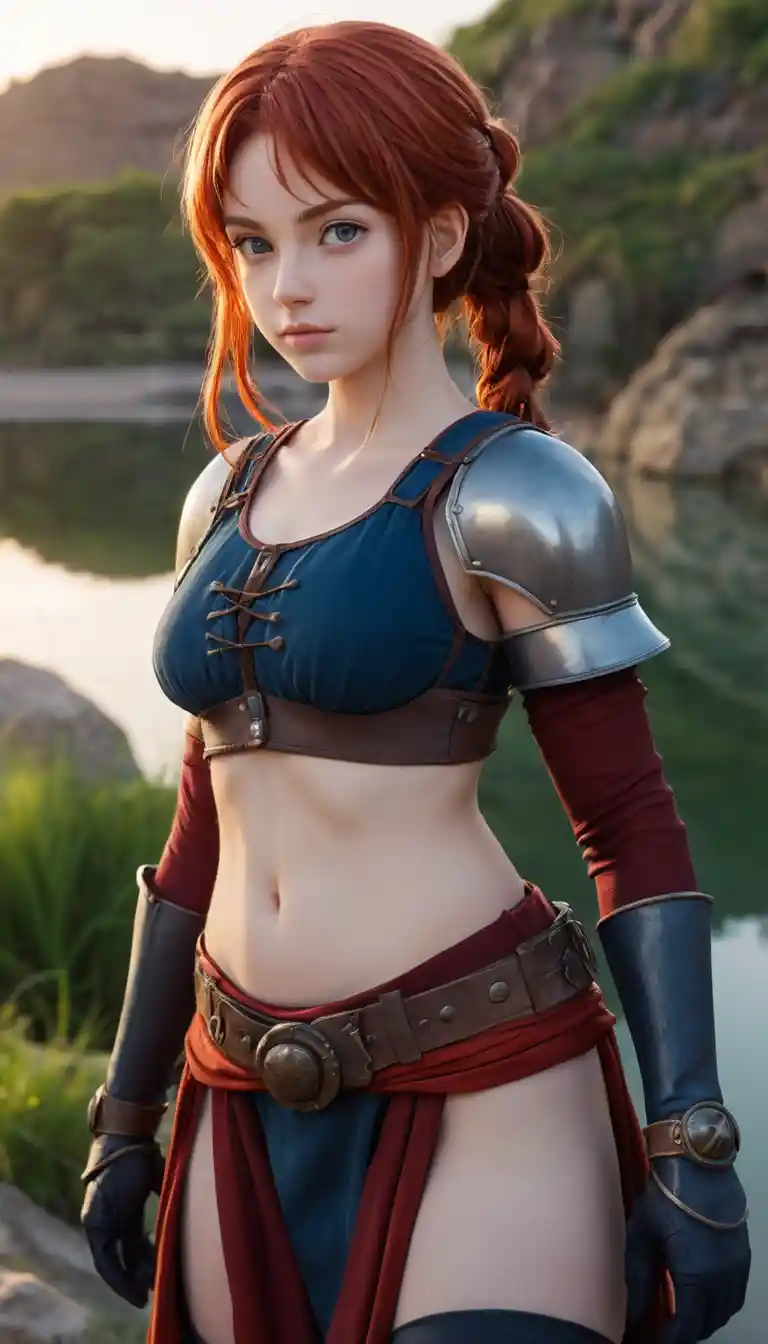 Anime adventurer woman by a tranquil twilight oasis