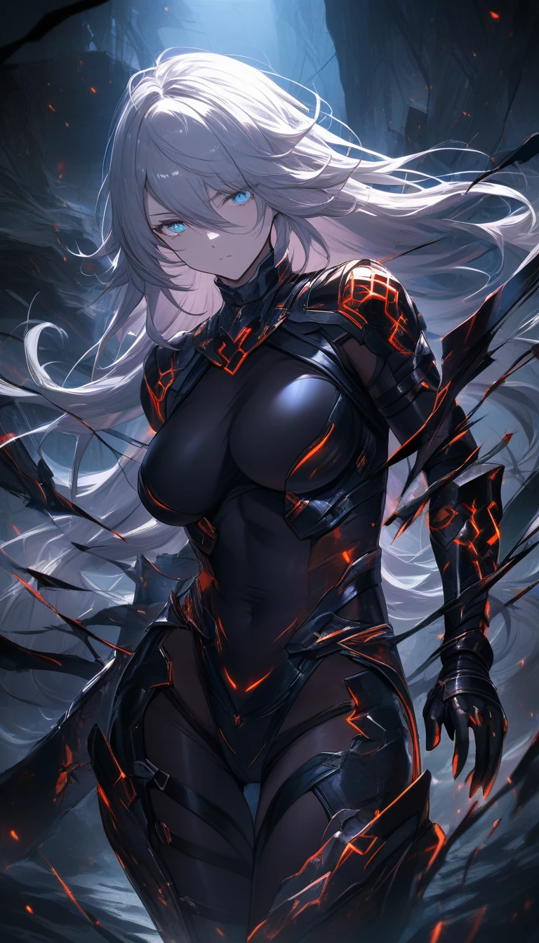 Platinum haired anime warrior bound in a dark dungeon