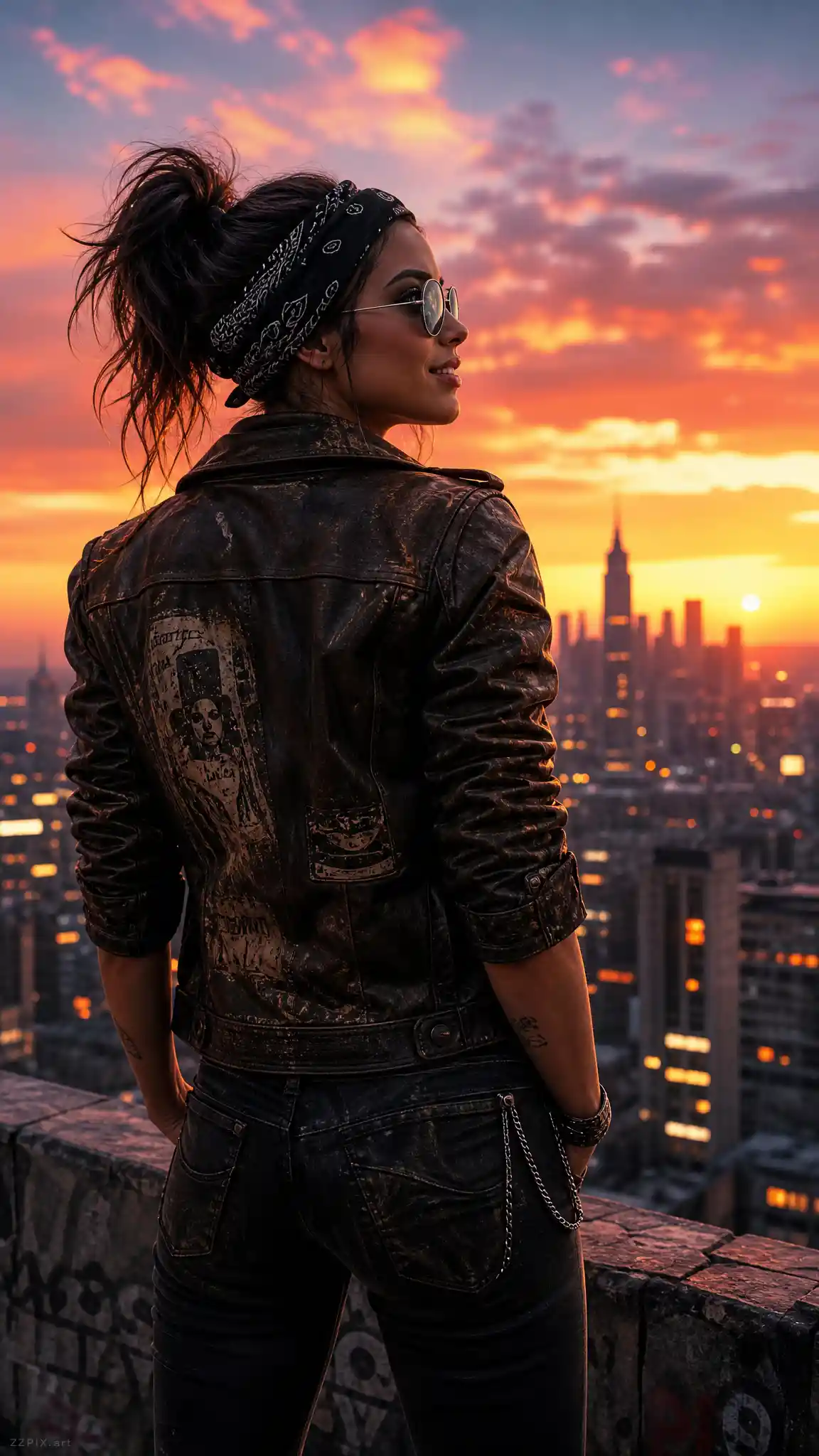 Confident woman overlooking a sunset city skyline