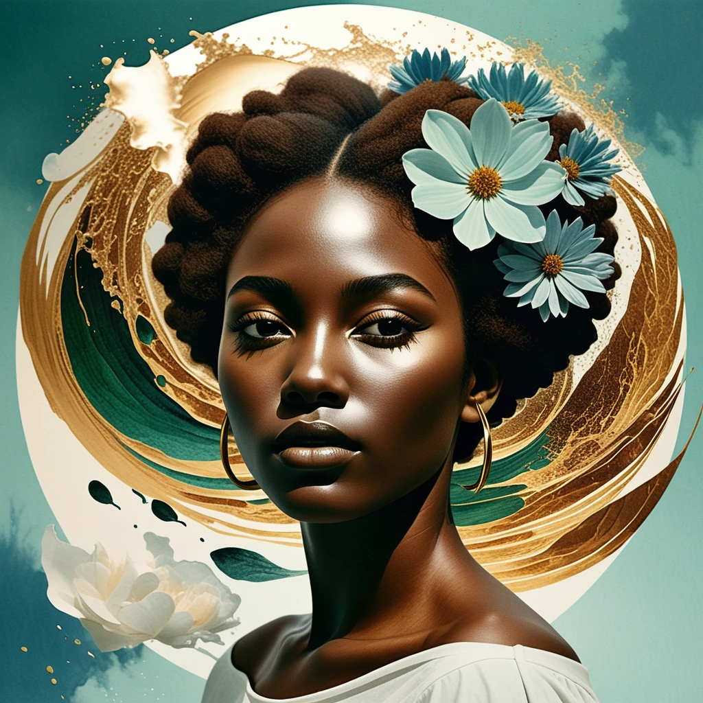 Ink portrait of a black woman dissolving into soft blooms