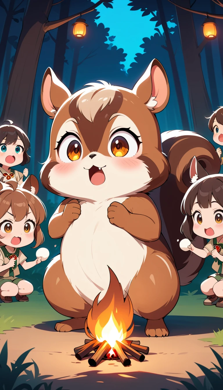 Cute scout kids around a campfire in anime style