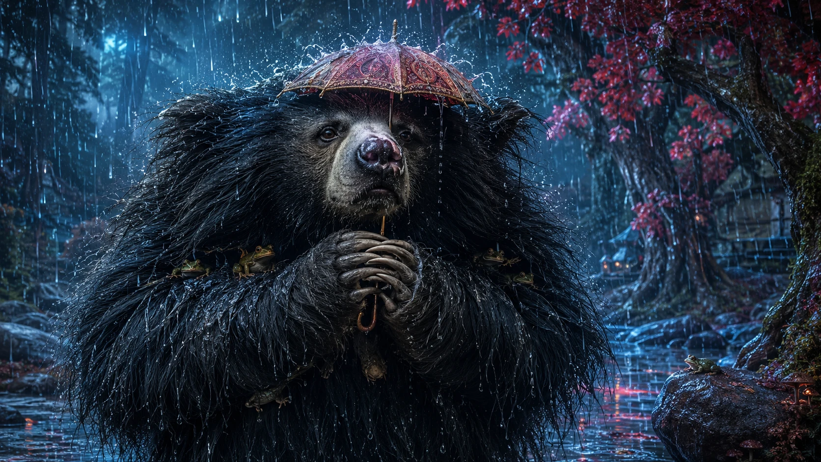 Adorable sloth bear under tiny umbrella in magical rain