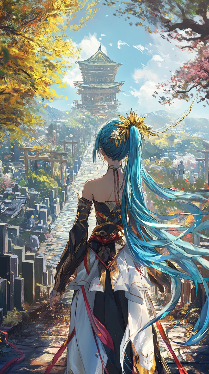 Anime girl walking through a colorful cargo port at dusk